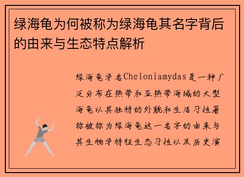 绿海龟为何被称为绿海龟其名字背后的由来与生态特点解析